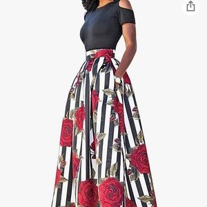 Cold shoulder black top with floor length floral skirt in 2xl